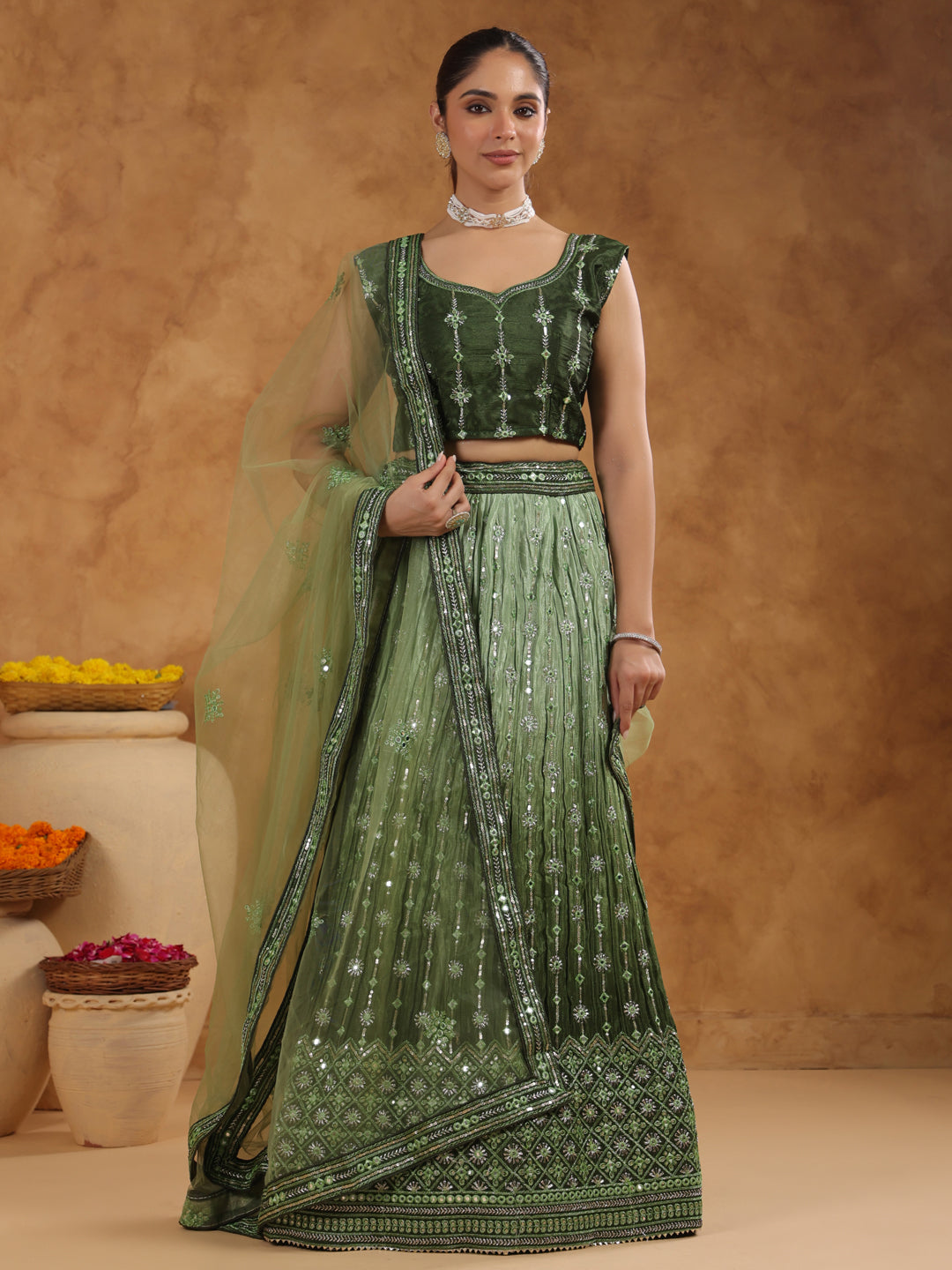 Olive Green Silk Blend Zari Embroidered Semi-Stitched Lehenga & Unstitched Choli with Dupatta Set