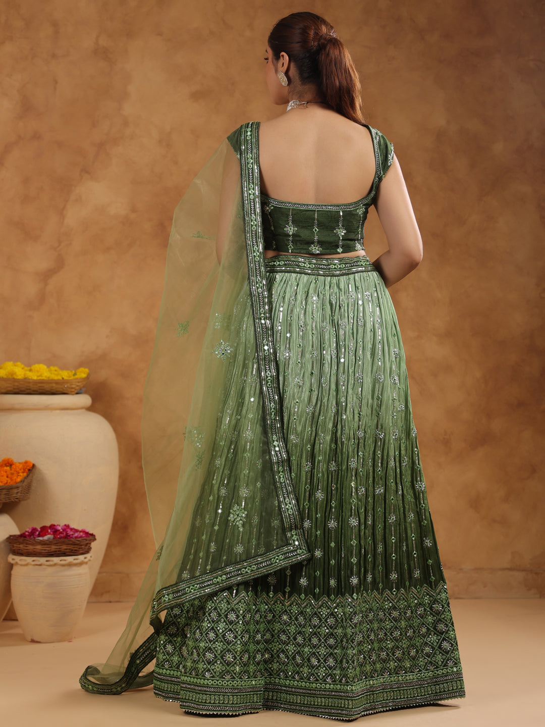 Olive Green Silk Blend Zari Embroidered Semi-Stitched Lehenga & Unstitched Choli with Dupatta Set