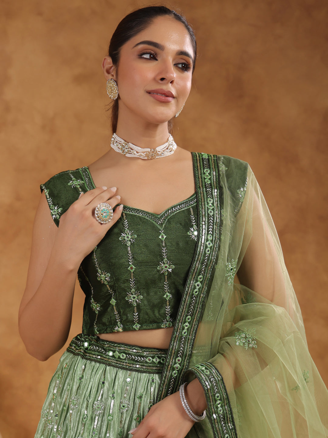 Olive Green Silk Blend Zari Embroidered Semi-Stitched Lehenga & Unstitched Choli with Dupatta Set