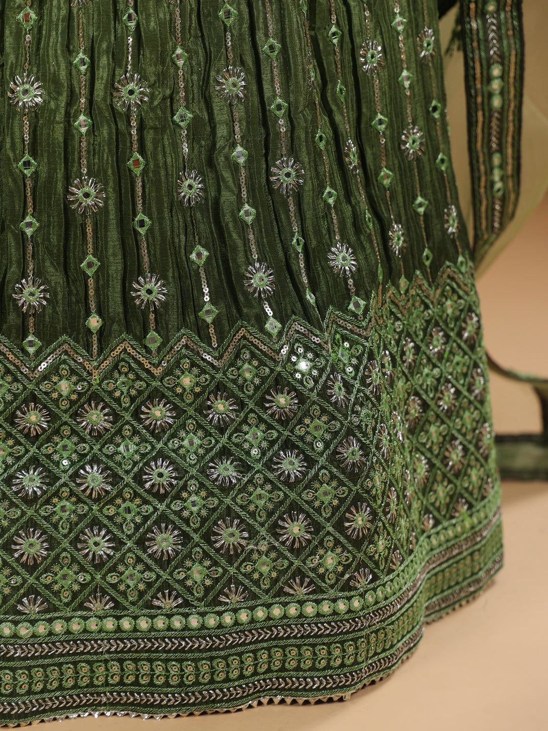 Olive Green Silk Blend Zari Embroidered Semi-Stitched Lehenga & Unstitched Choli with Dupatta Set