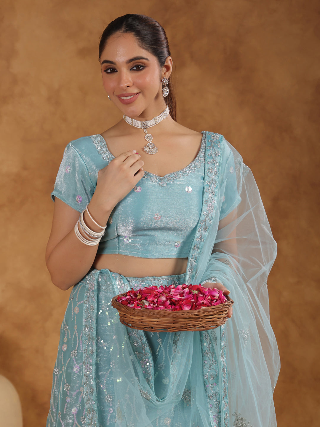 Light Blue Organza Zari Embroidered Semi-Stitched Lehenga & Unstitched Choli with Dupatta Set