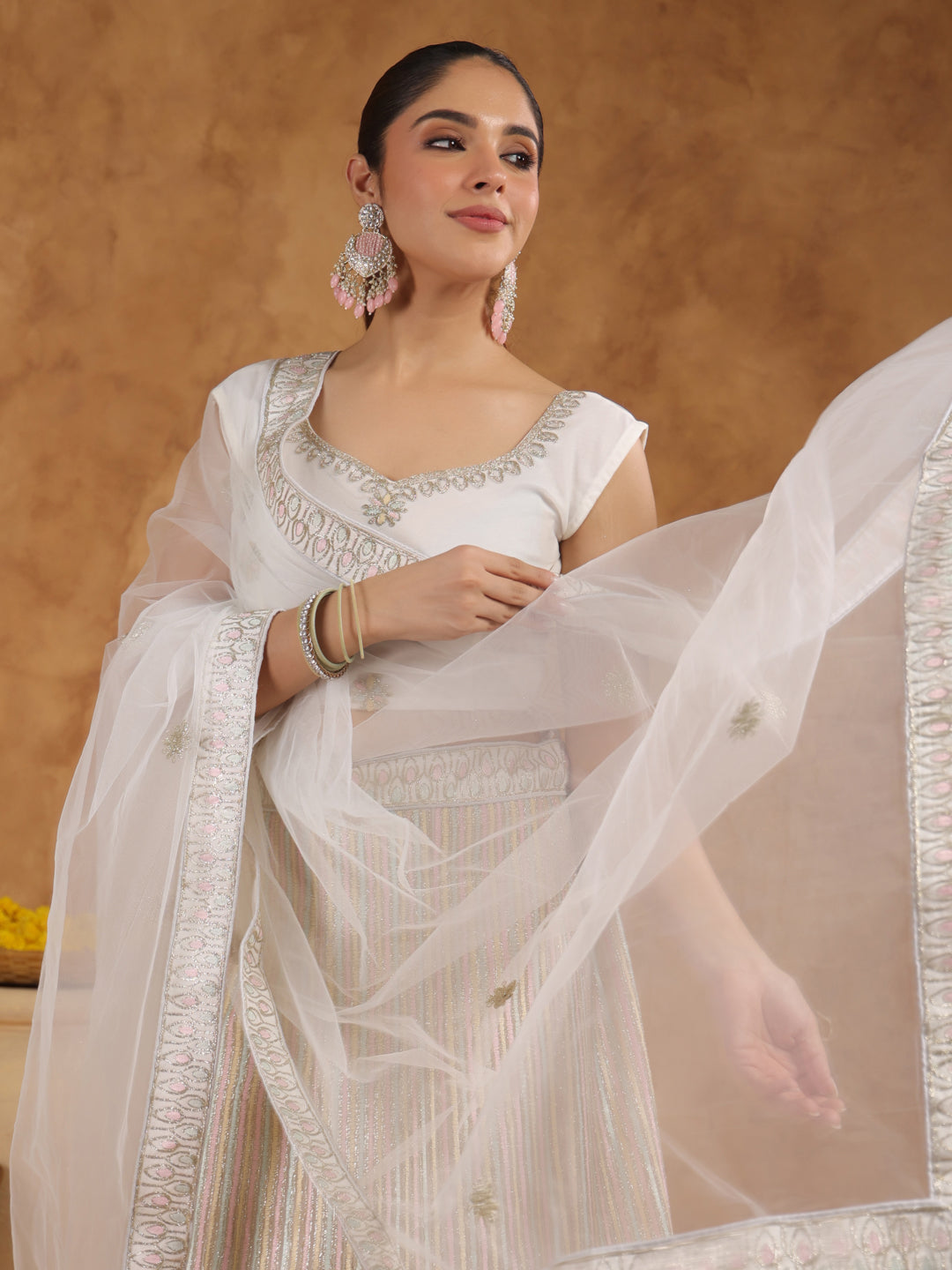 Off White Net Zari Embroidered Semi-Stitched Lehenga & Unstitched Choli with Dupatta Set