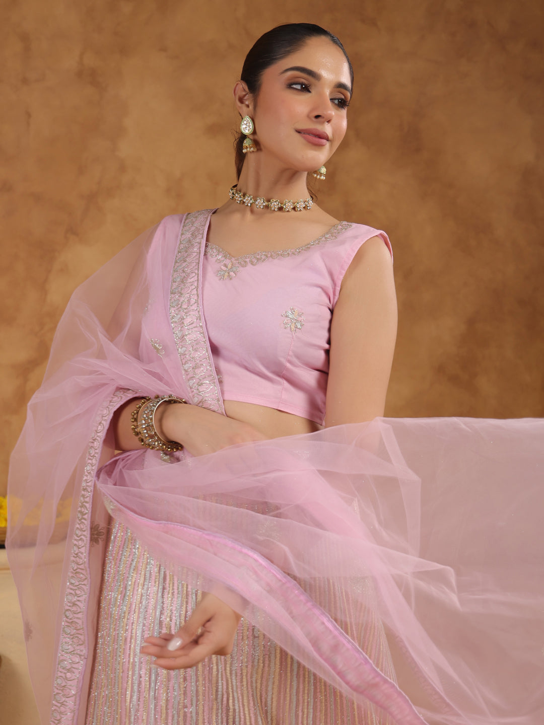 Pink Net Zari Embroidered Semi-Stitched Lehenga & Unstitched Choli with Dupatta Set