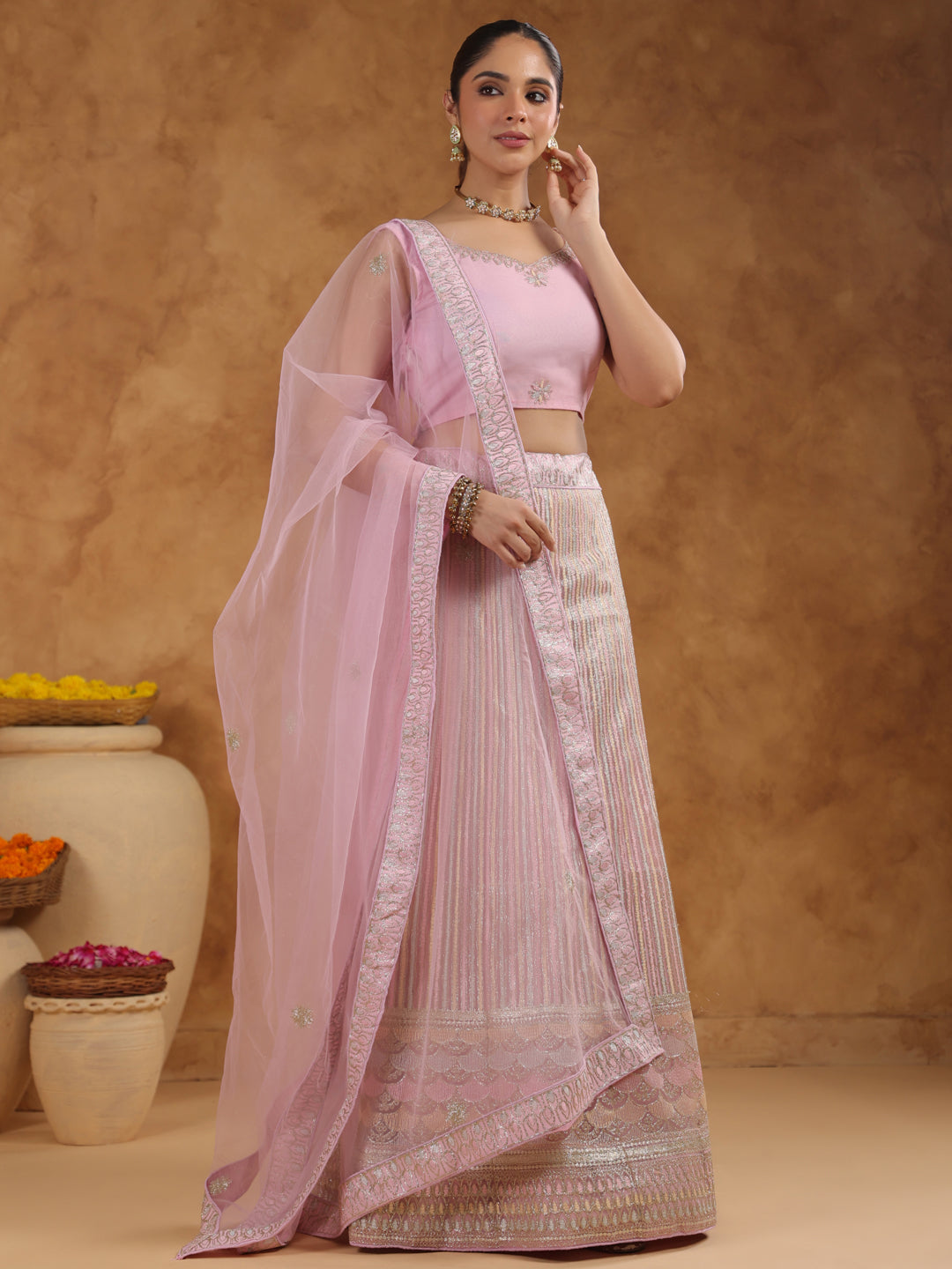 Pink Net Zari Embroidered Semi-Stitched Lehenga & Unstitched Choli with Dupatta Set