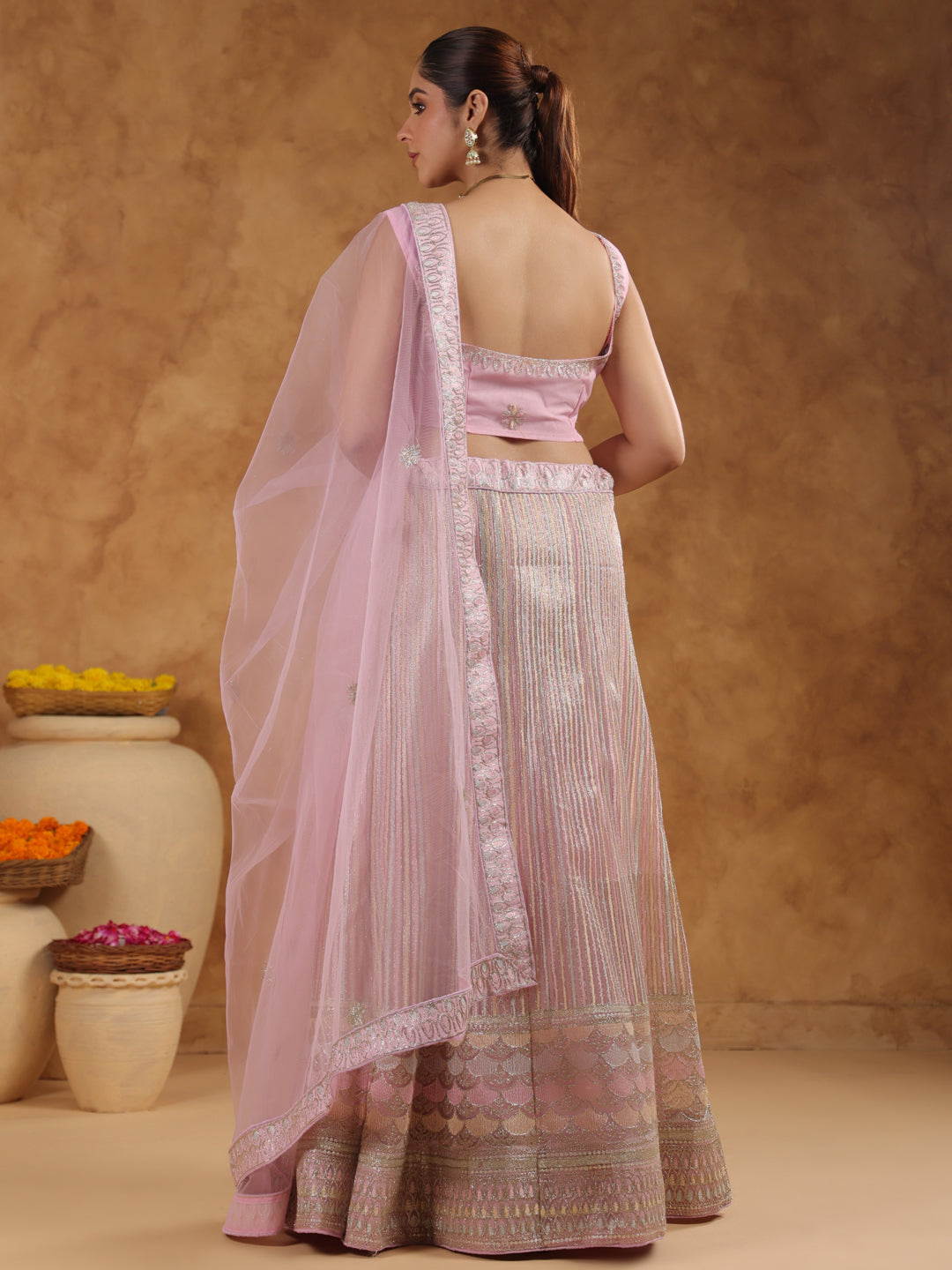 Pink Net Zari Embroidered Semi-Stitched Lehenga & Unstitched Choli with Dupatta Set