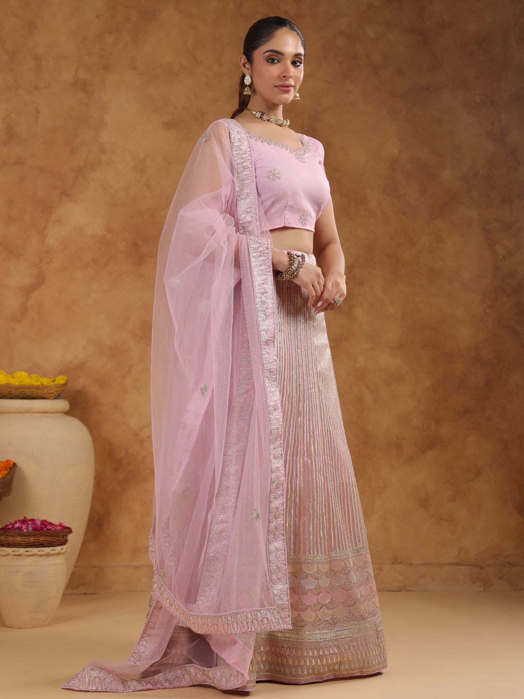 Pink Net Zari Embroidered Semi-Stitched Lehenga & Unstitched Choli with Dupatta Set