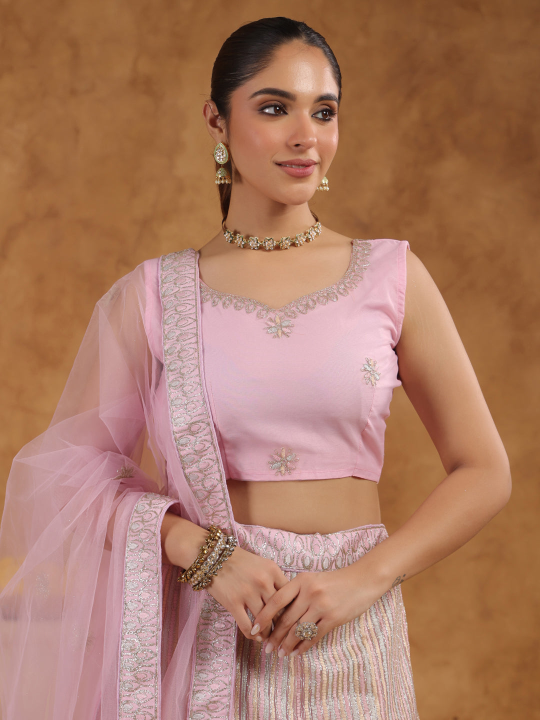 Pink Net Zari Embroidered Semi-Stitched Lehenga & Unstitched Choli with Dupatta Set