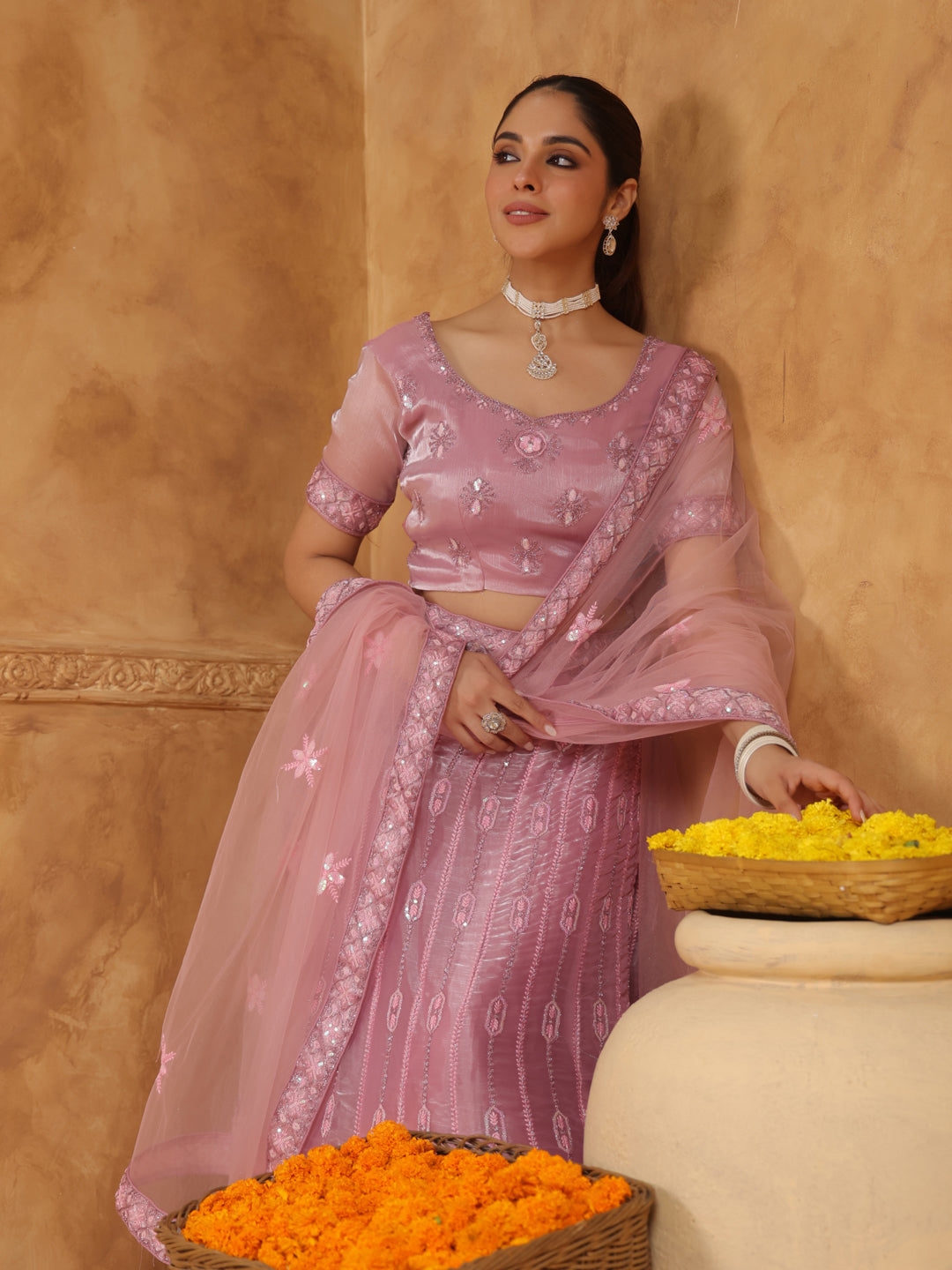 Pink Organza Zari Embroidered Semi-Stitched Lehenga & Unstitched Choli with Dupatta Set