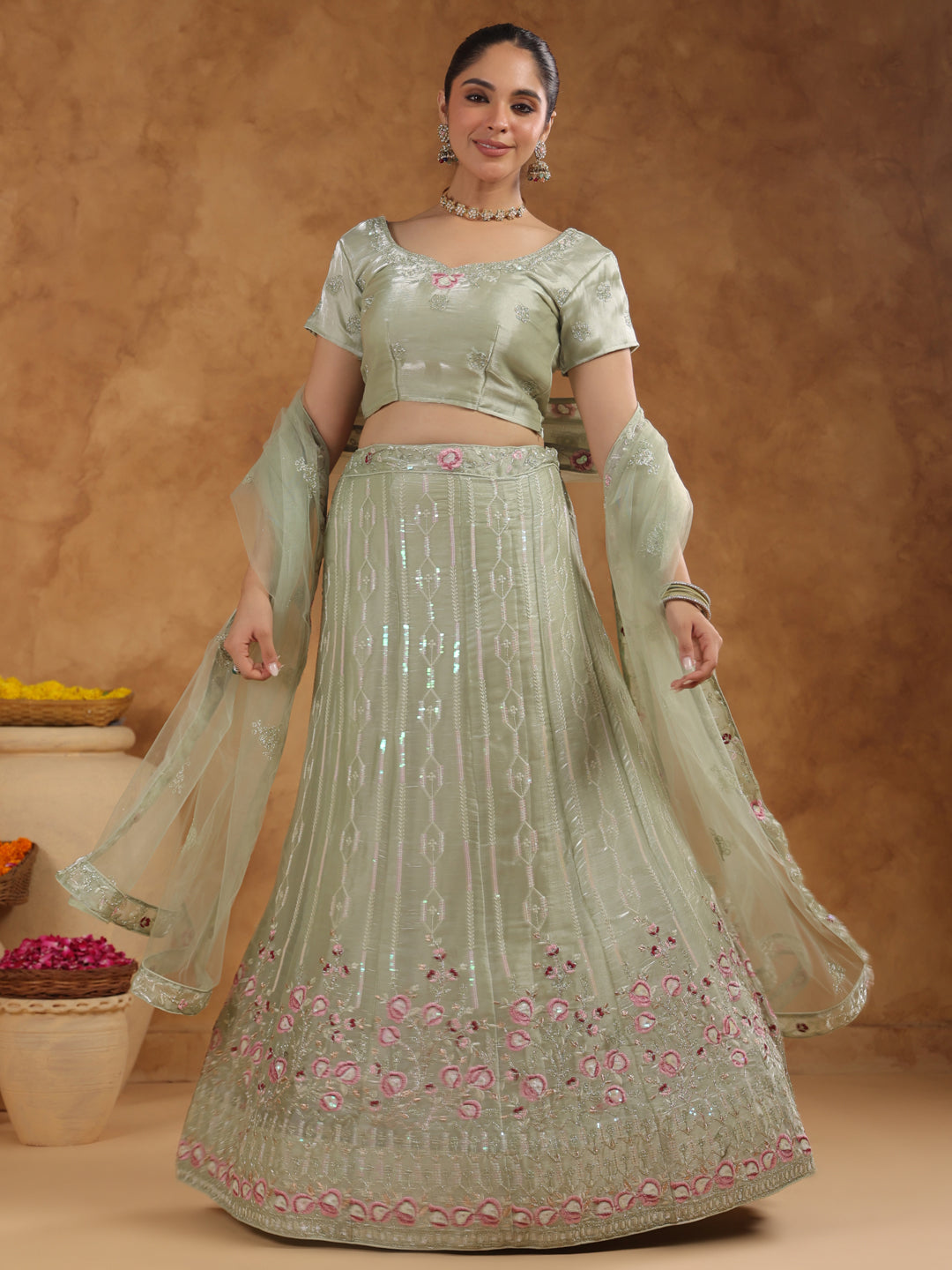 Pista Green Organza Embroidered Semi-Stitched Lehenga & Unstitched Choli with Dupatta Set