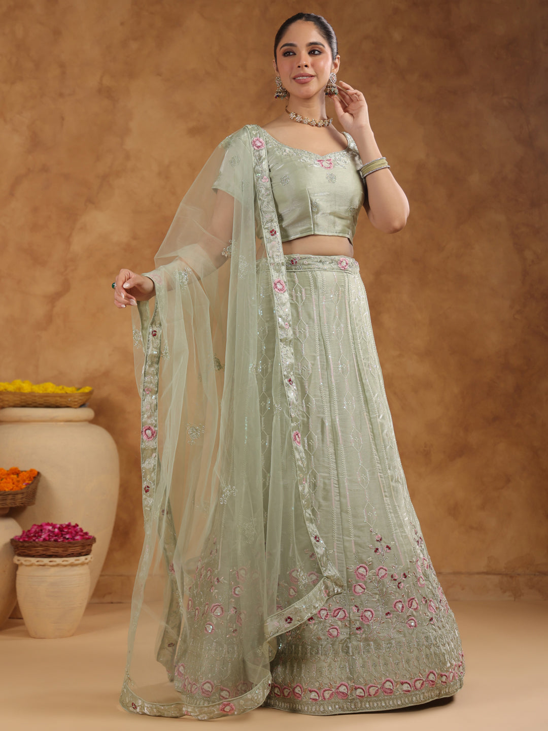 Pista Green Organza Embroidered Semi-Stitched Lehenga & Unstitched Choli with Dupatta Set