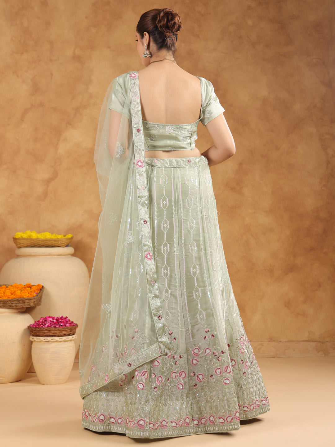 Pista Green Organza Embroidered Semi-Stitched Lehenga & Unstitched Choli with Dupatta Set