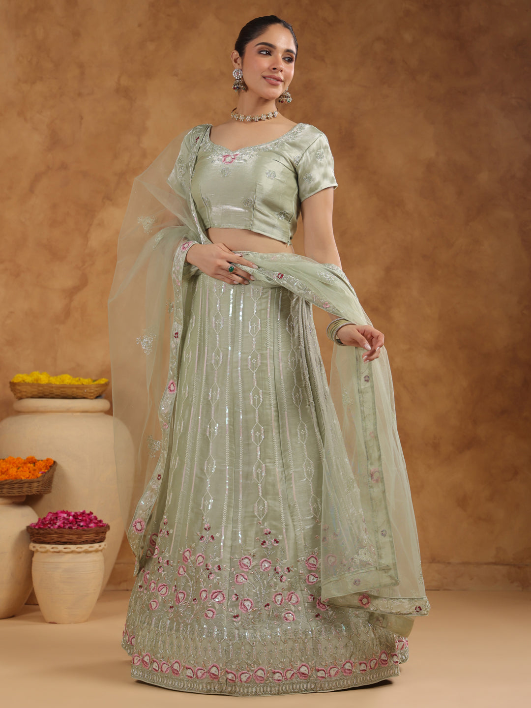 Pista Green Organza Embroidered Semi-Stitched Lehenga & Unstitched Choli with Dupatta Set