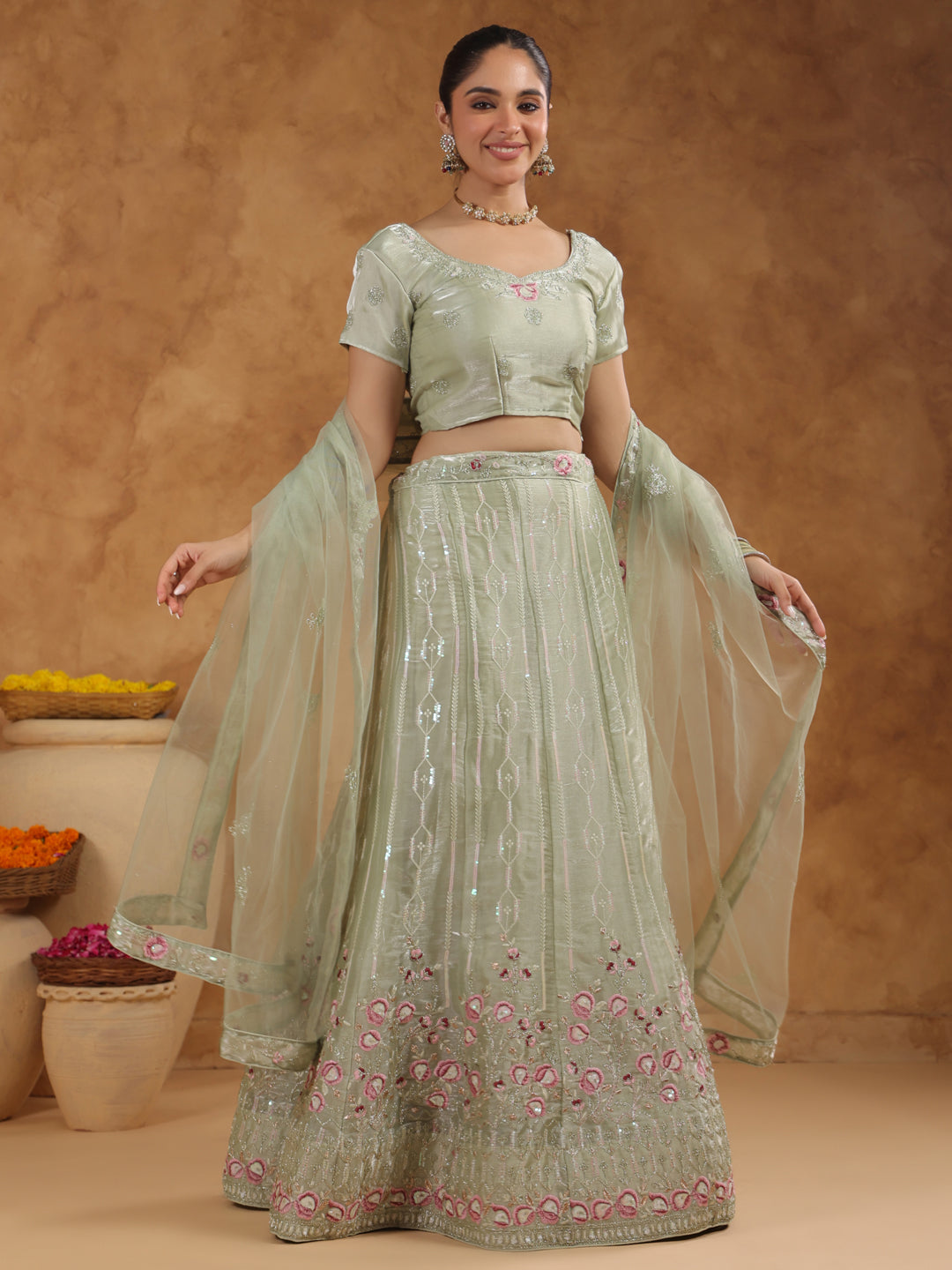 Pista Green Organza Embroidered Semi-Stitched Lehenga & Unstitched Choli with Dupatta Set