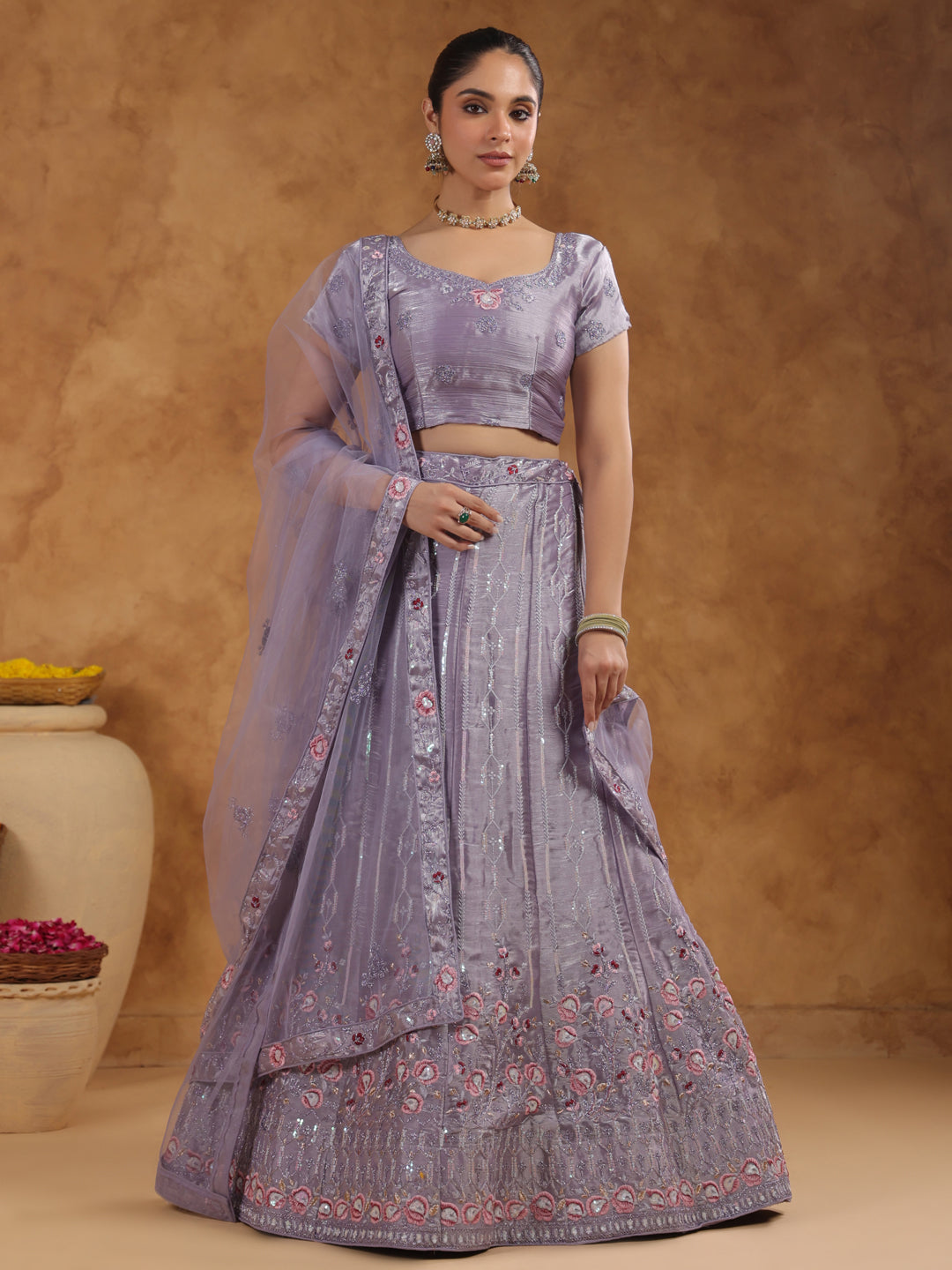 Lavender Organza Zari Embroidered Semi-Stitched Lehenga & Unstitched Choli with Dupatta Set