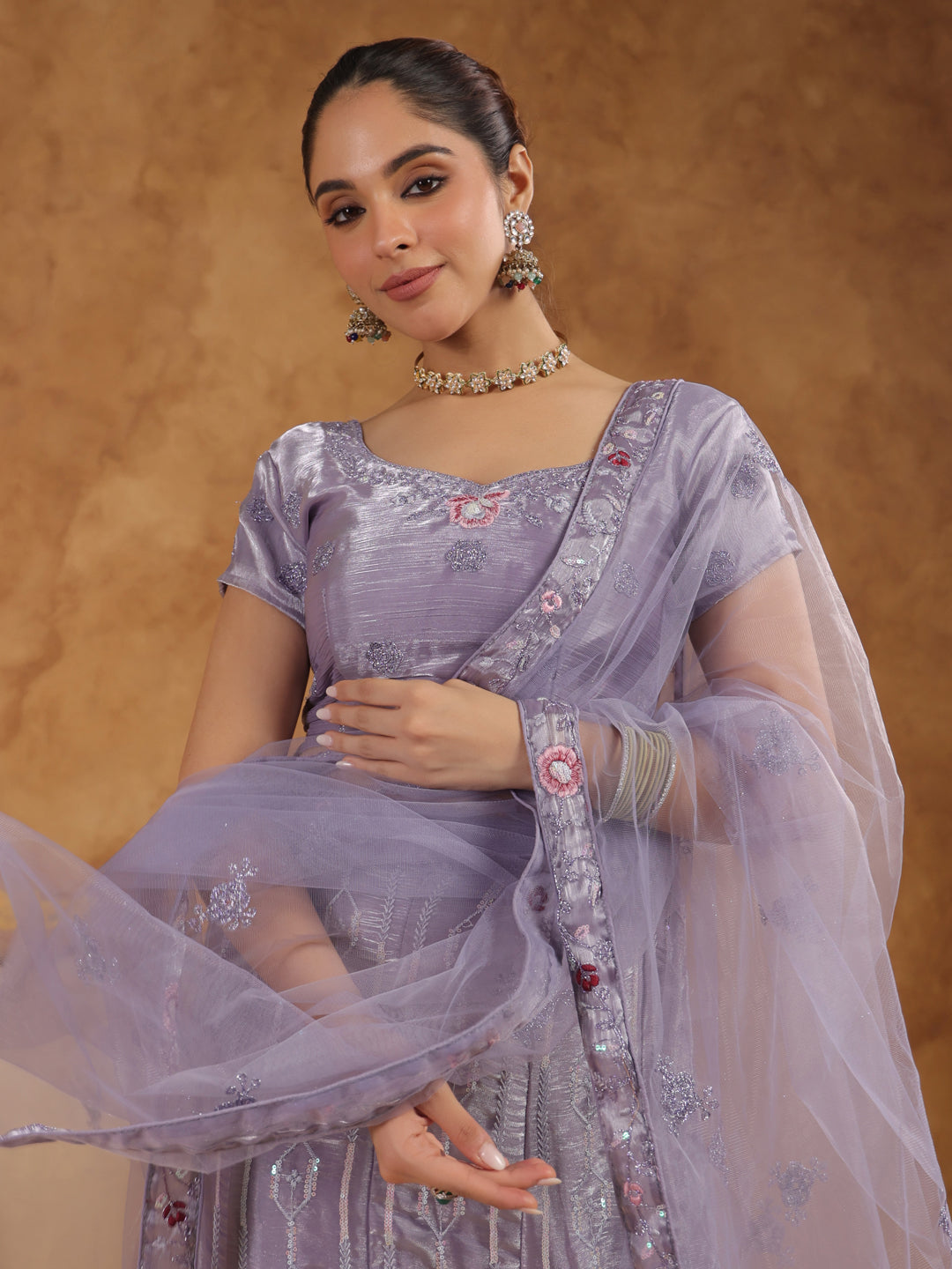 Lavender Organza Zari Embroidered Semi-Stitched Lehenga & Unstitched Choli with Dupatta Set