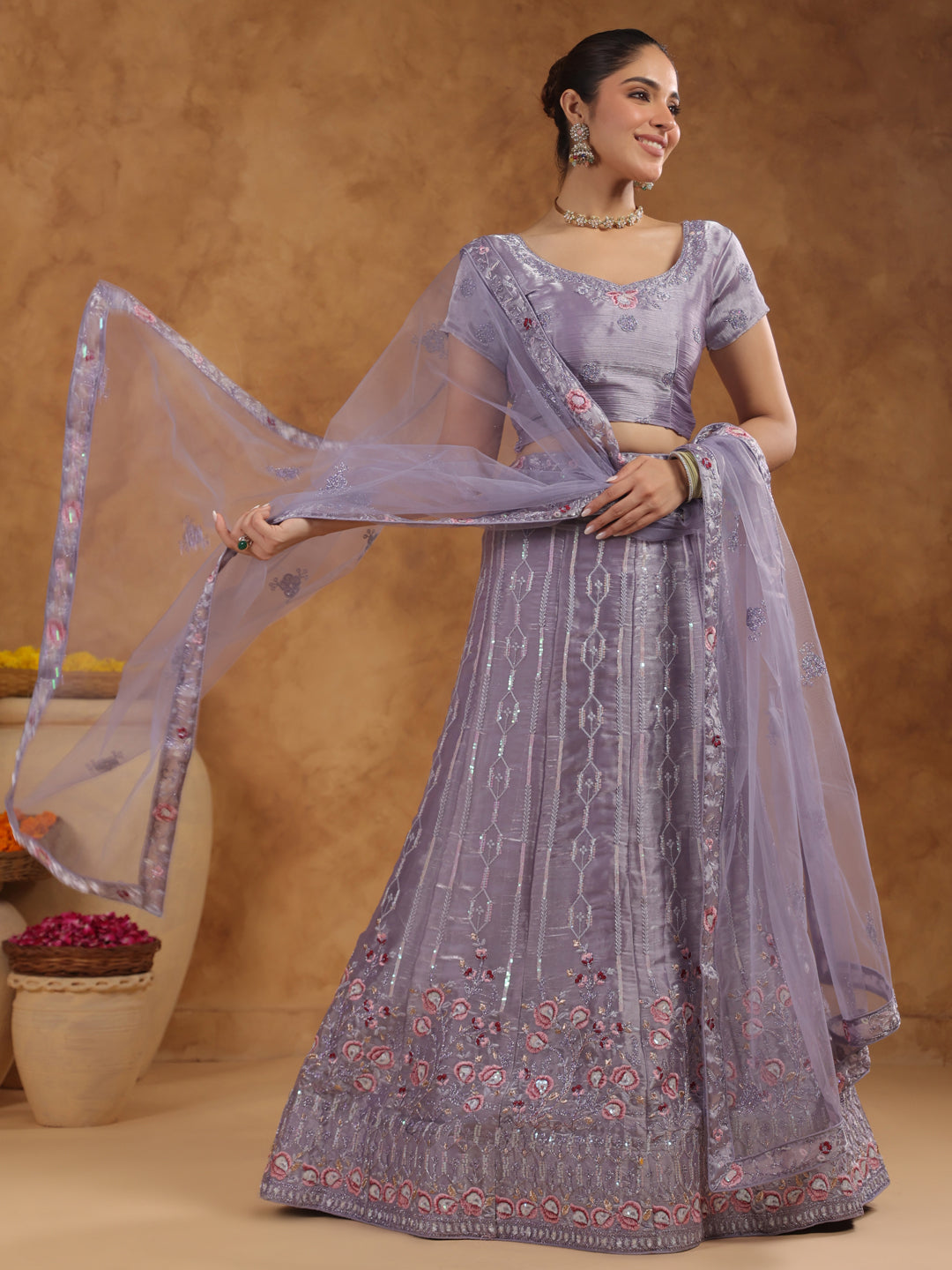 Lavender Organza Zari Embroidered Semi-Stitched Lehenga & Unstitched Choli with Dupatta Set