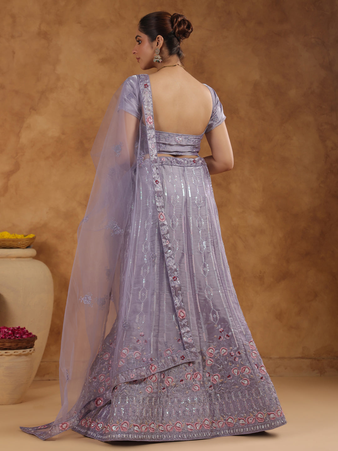 Lavender Organza Zari Embroidered Semi-Stitched Lehenga & Unstitched Choli with Dupatta Set