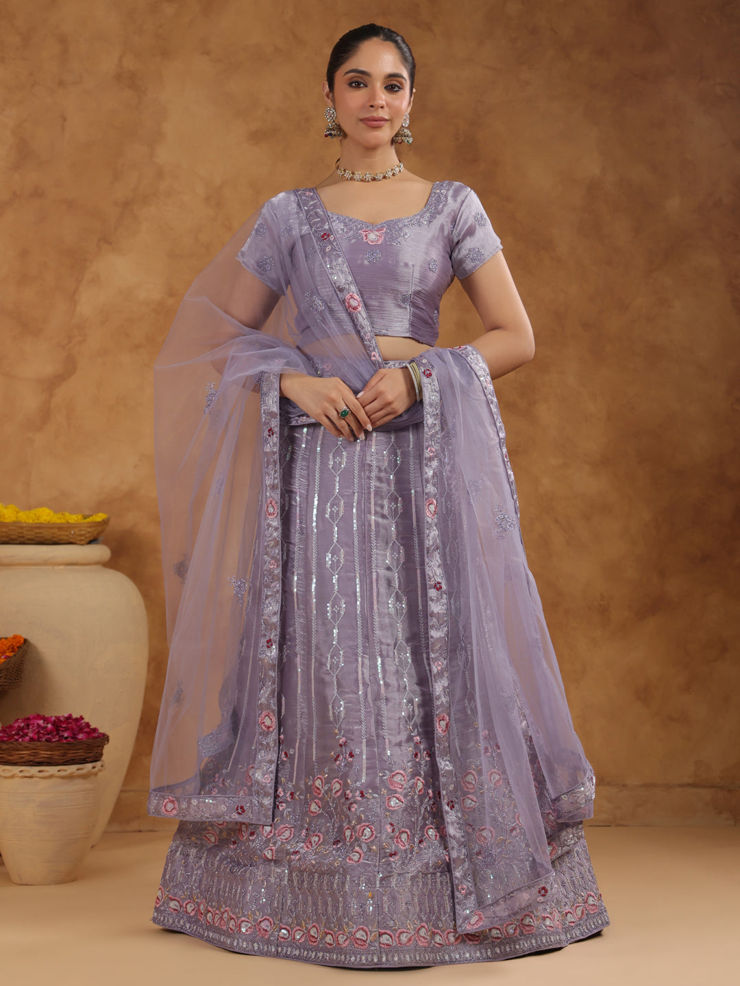 Lavender Organza Zari Embroidered Semi-Stitched Lehenga & Unstitched Choli with Dupatta Set