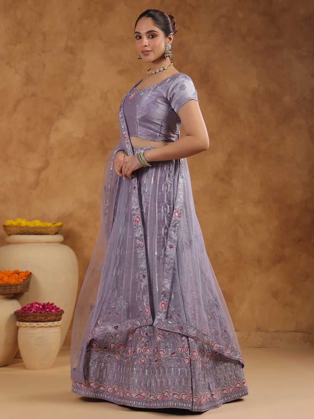 Lavender Organza Zari Embroidered Semi-Stitched Lehenga & Unstitched Choli with Dupatta Set