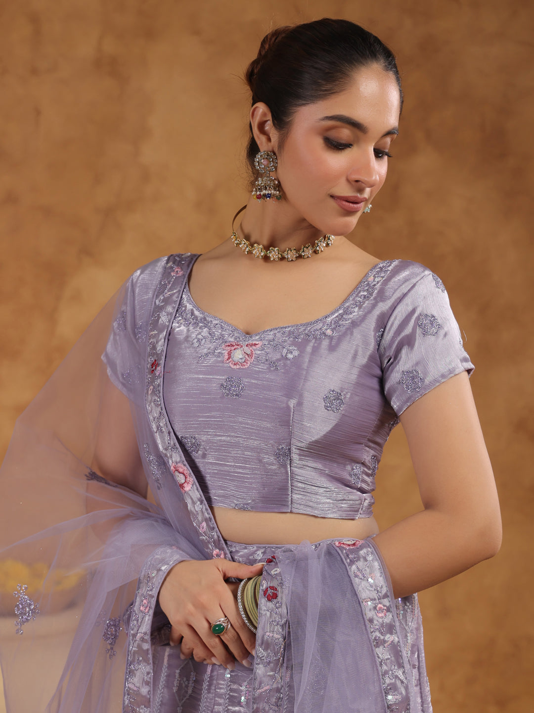 Lavender Organza Zari Embroidered Semi-Stitched Lehenga & Unstitched Choli with Dupatta Set