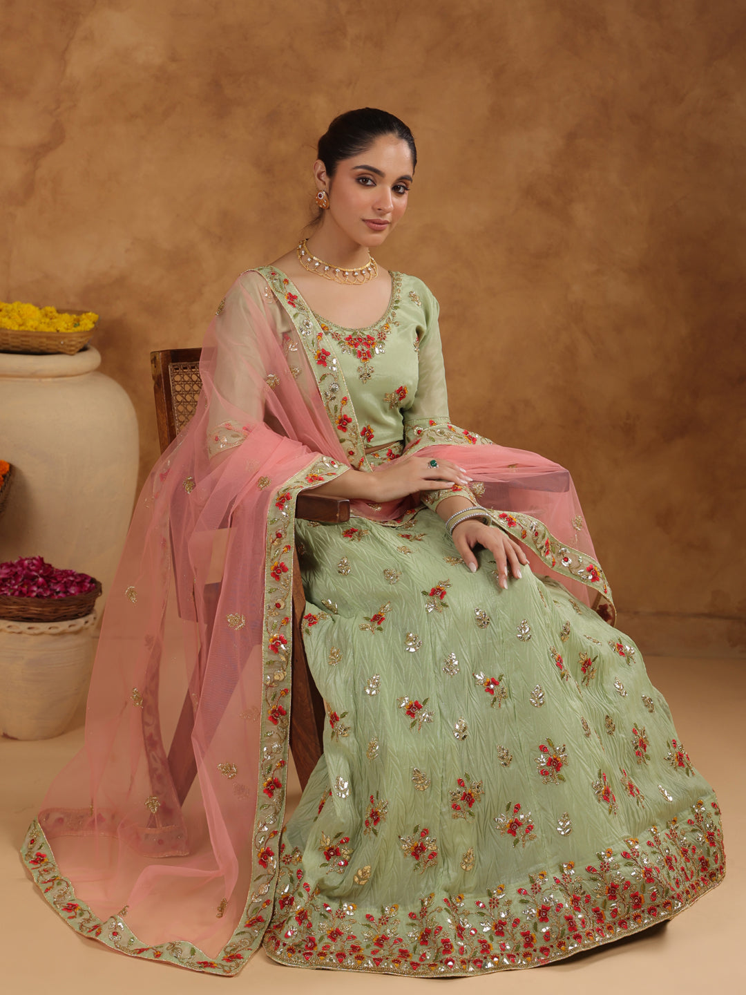 Pista Green Zari Art Silk Embroidered Semi-Stitched Lehenga & Unstitched Choli with Dupatta Set