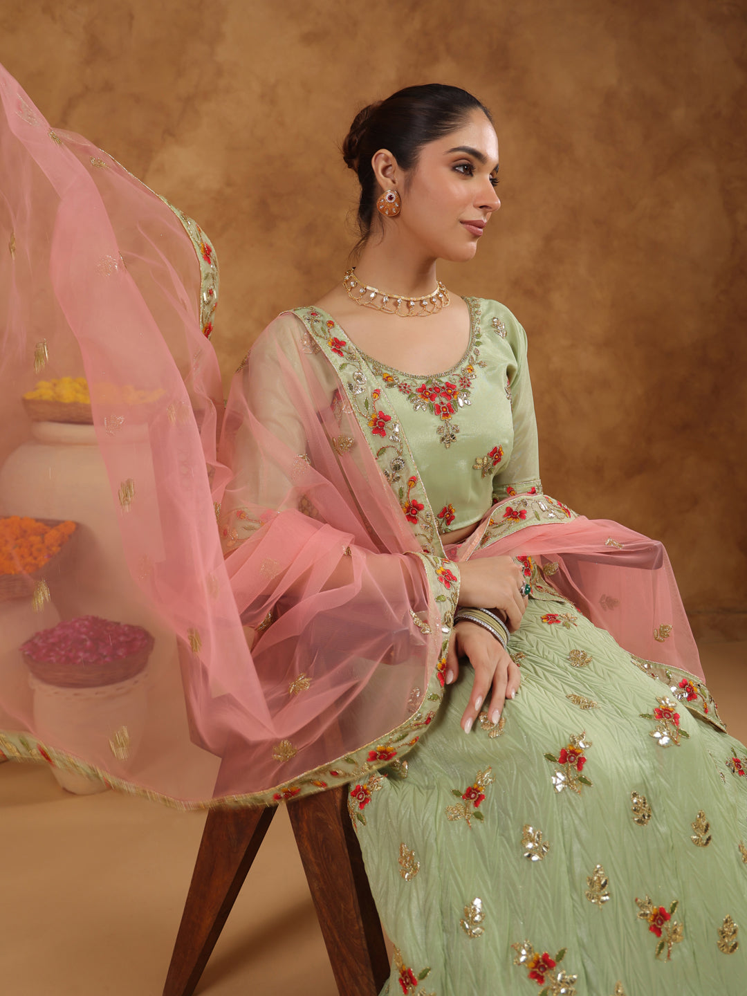 Pista Green Zari Art Silk Embroidered Semi-Stitched Lehenga & Unstitched Choli with Dupatta Set