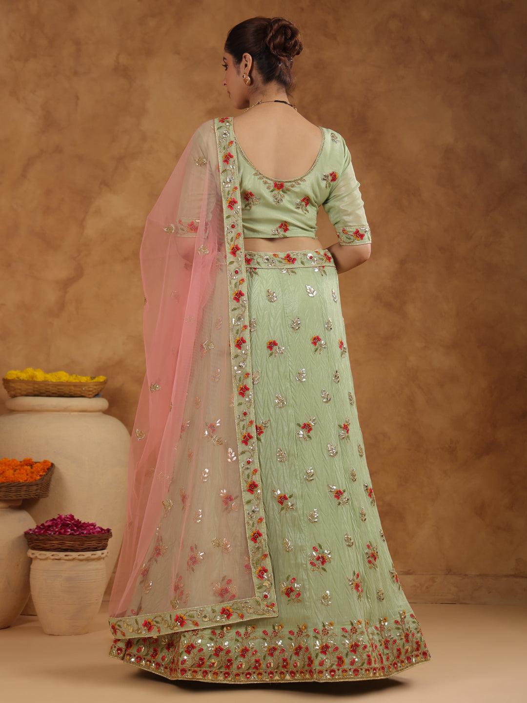 Pista Green Zari Art Silk Embroidered Semi-Stitched Lehenga & Unstitched Choli with Dupatta Set