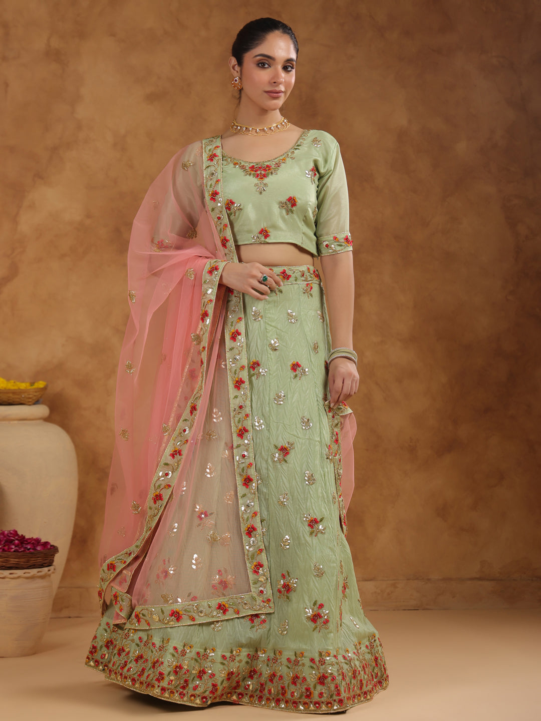 Pista Green Zari Art Silk Embroidered Semi-Stitched Lehenga & Unstitched Choli with Dupatta Set