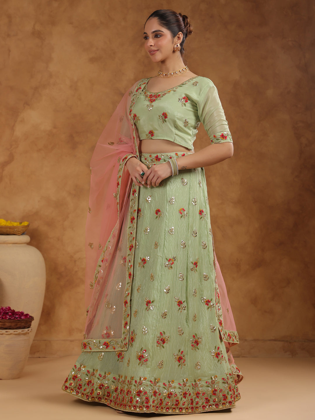 Pista Green Zari Art Silk Embroidered Semi-Stitched Lehenga & Unstitched Choli with Dupatta Set