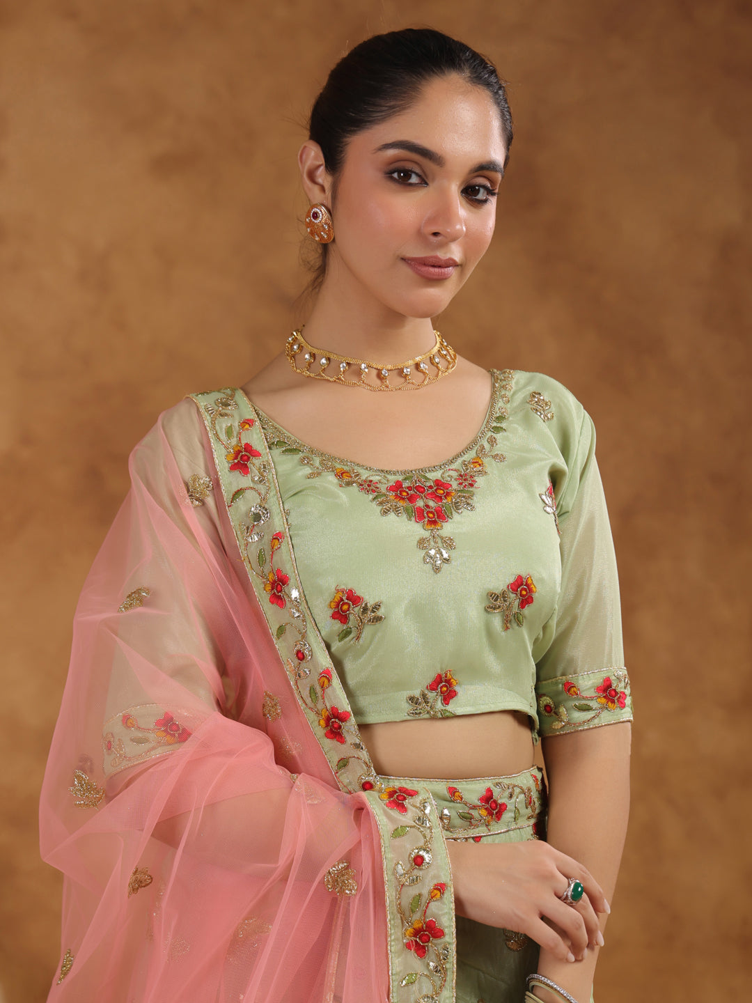 Pista Green Zari Art Silk Embroidered Semi-Stitched Lehenga & Unstitched Choli with Dupatta Set