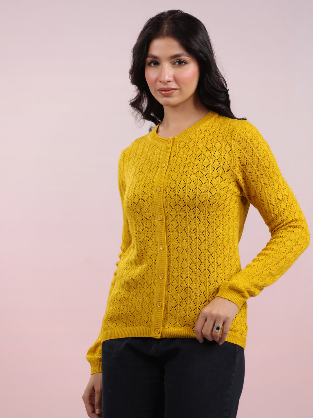 Mustard Woolen Self Design Winter Cardigan Shrug