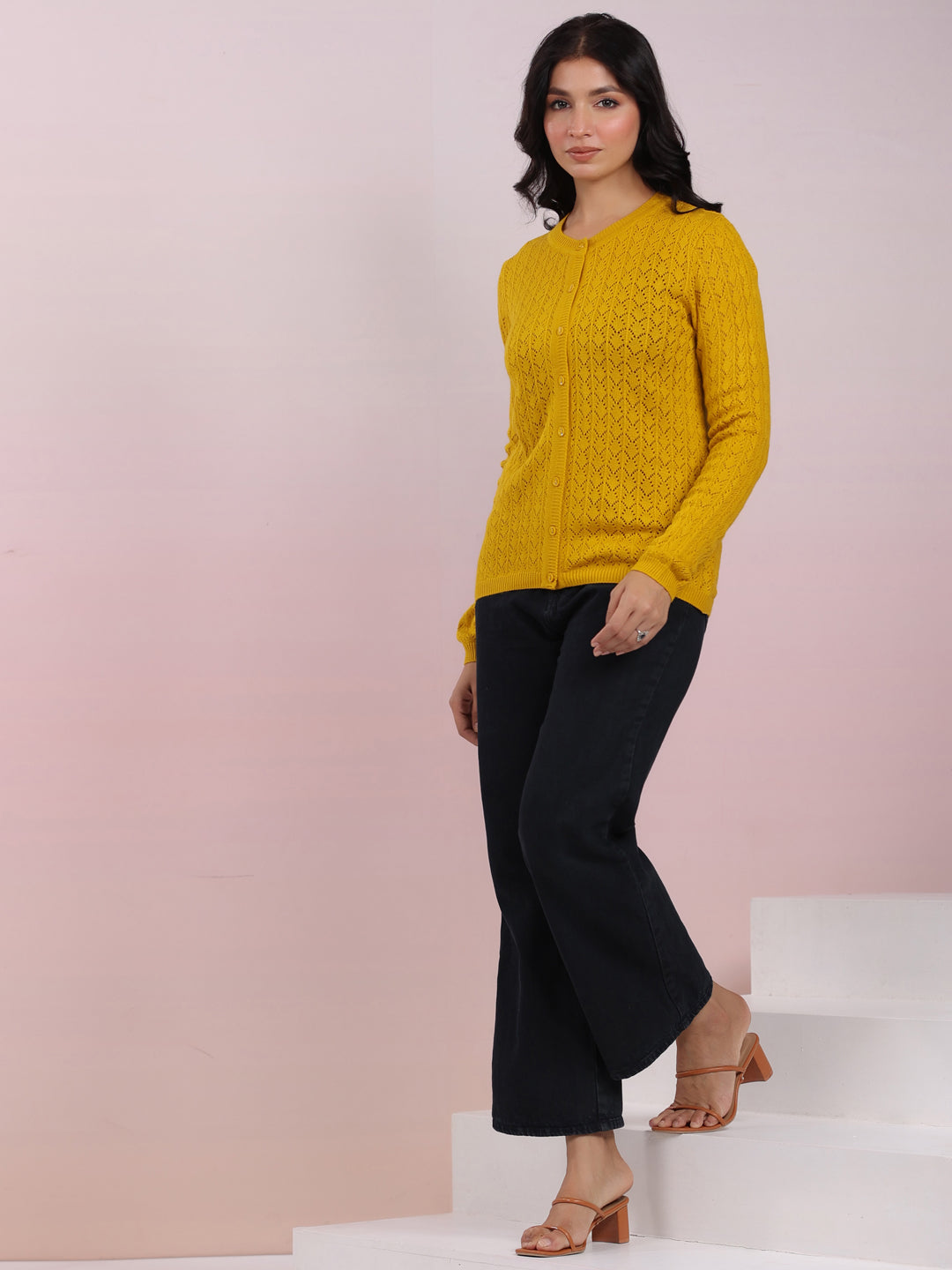 Mustard Woolen Self Design Winter Cardigan Shrug