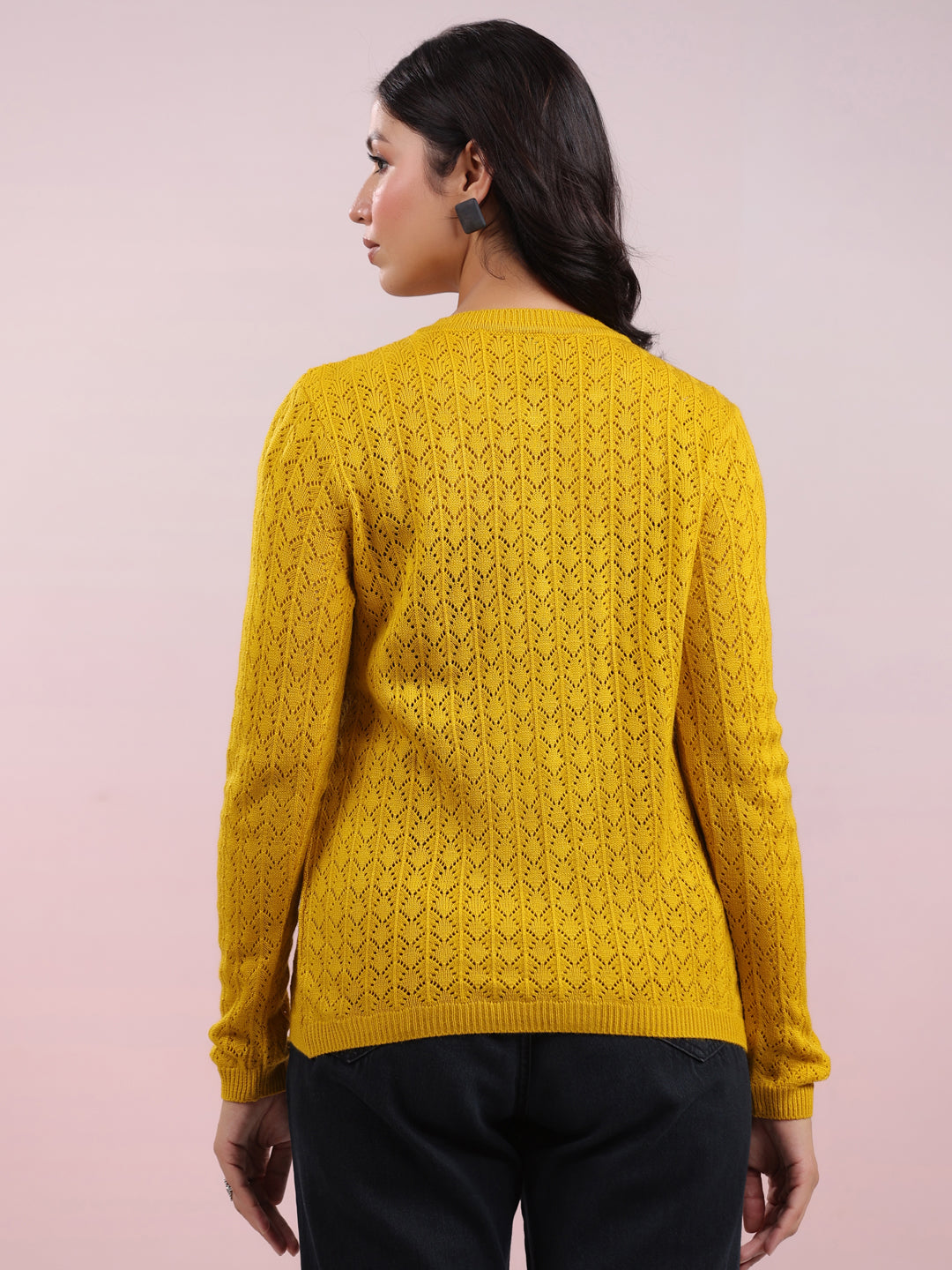 Mustard Woolen Self Design Winter Cardigan Shrug