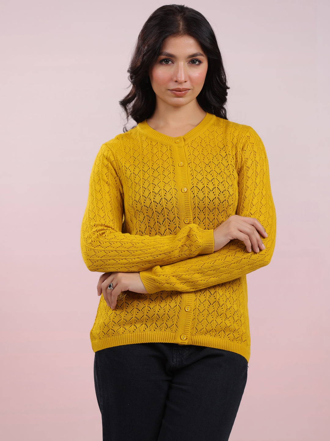 Mustard Woolen Self Design Winter Cardigan Shrug