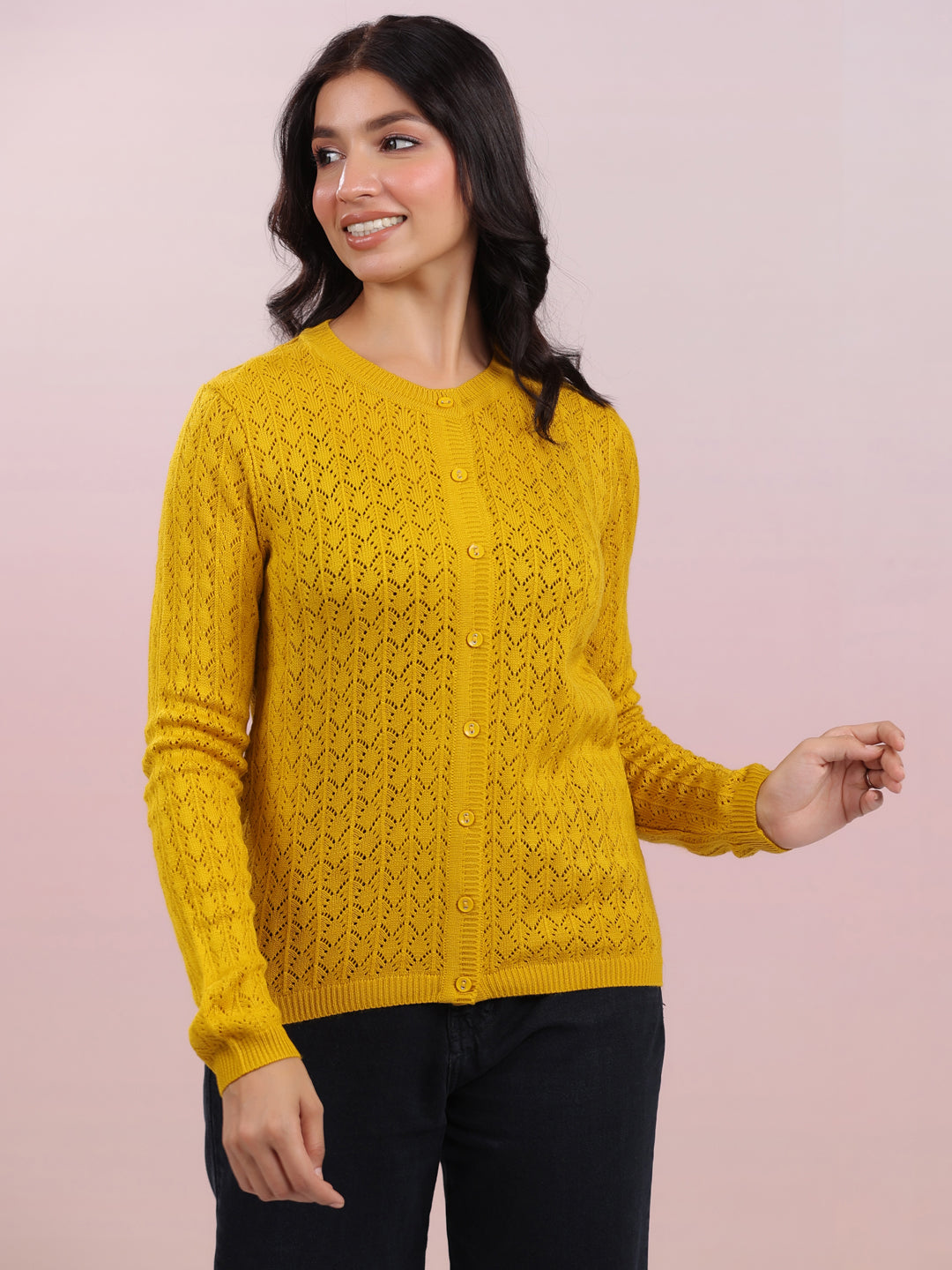 Mustard Woolen Self Design Winter Cardigan Shrug