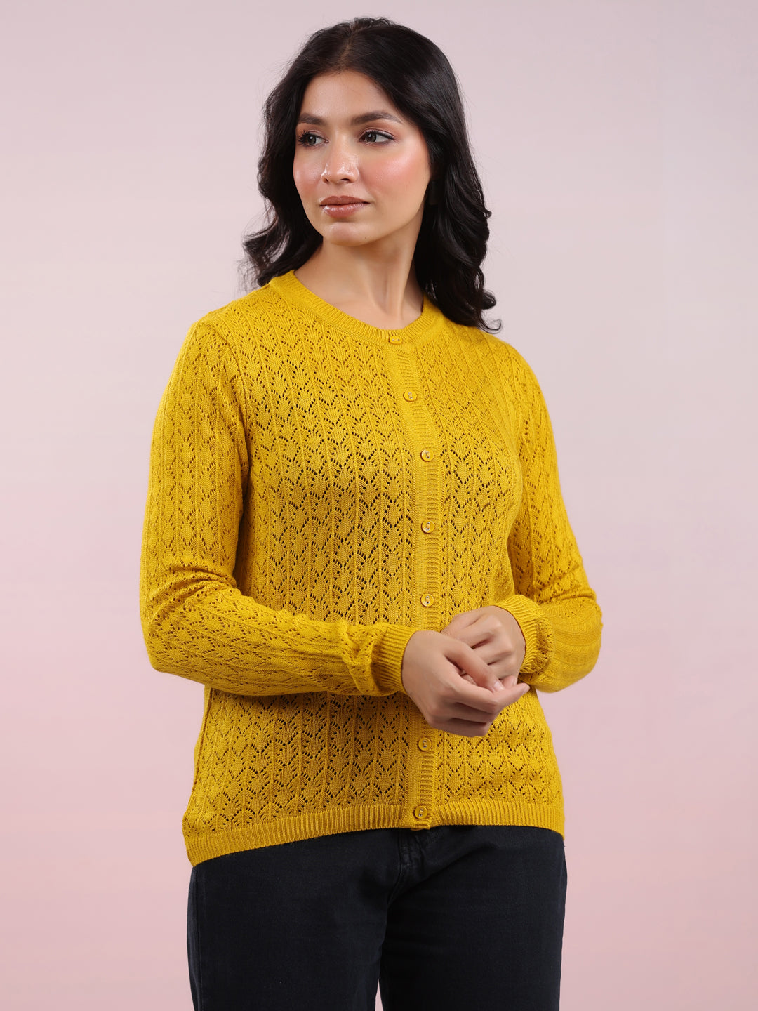 Mustard Woolen Self Design Winter Cardigan Shrug