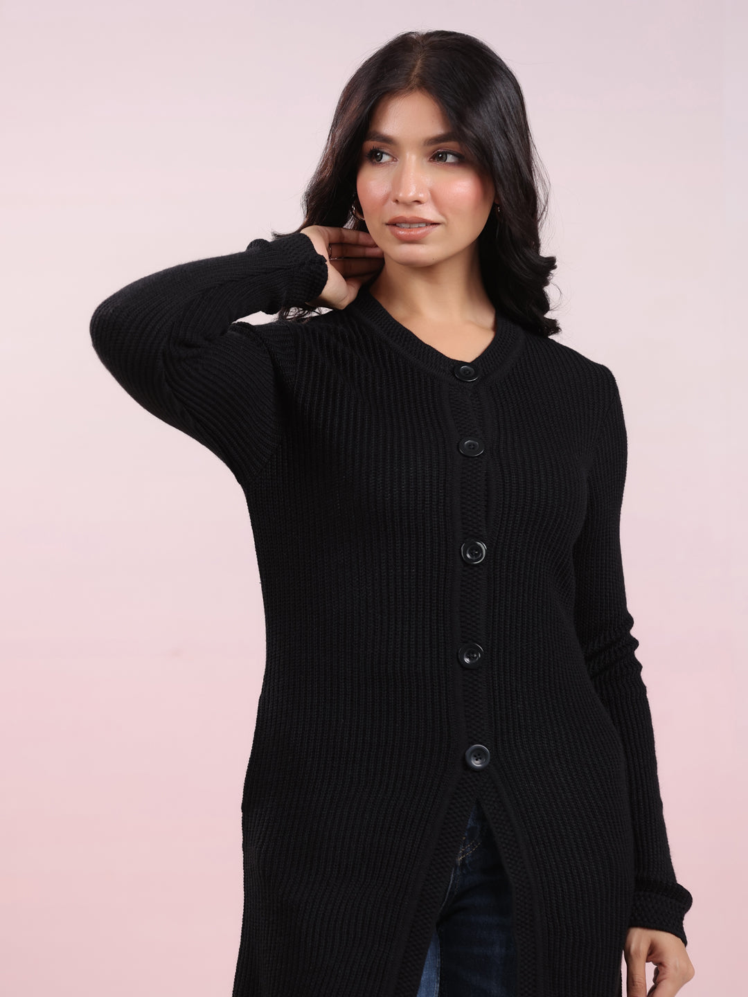 Black Woolen Self Design Winter Shrug