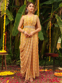 Mustard Georgette Floral Ready To Wear Dress Saree