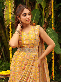 Mustard Georgette Floral Ready To Wear Dress Saree