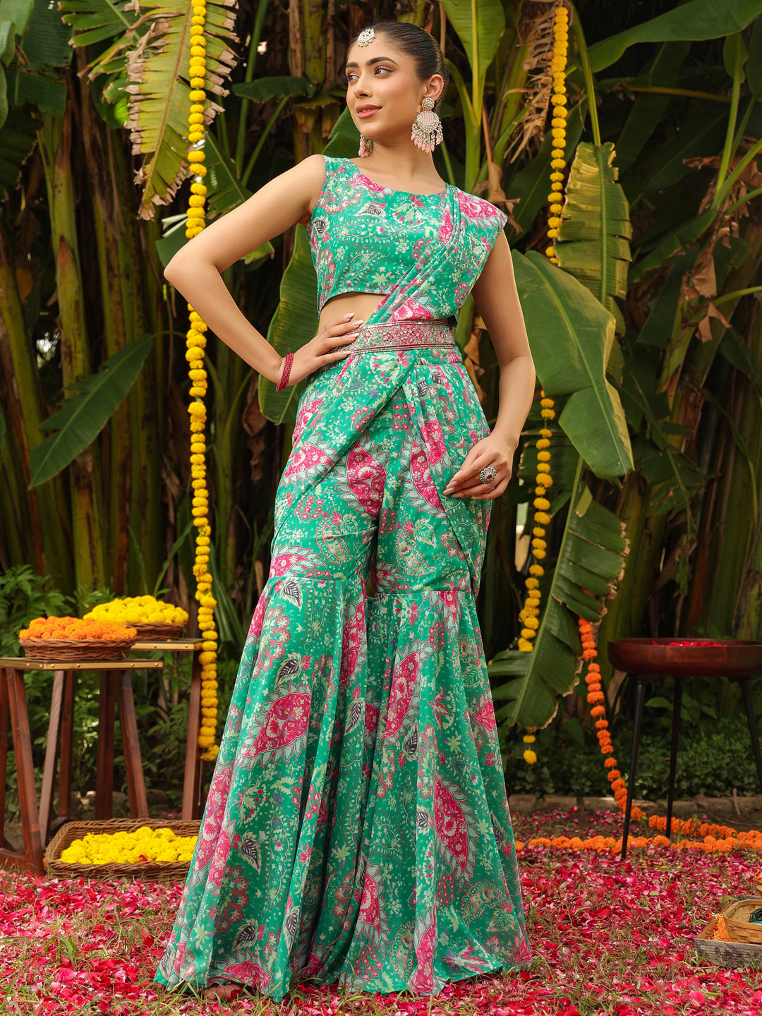 Green Georgette Floral Printed Ready To Wear Sharara Saree