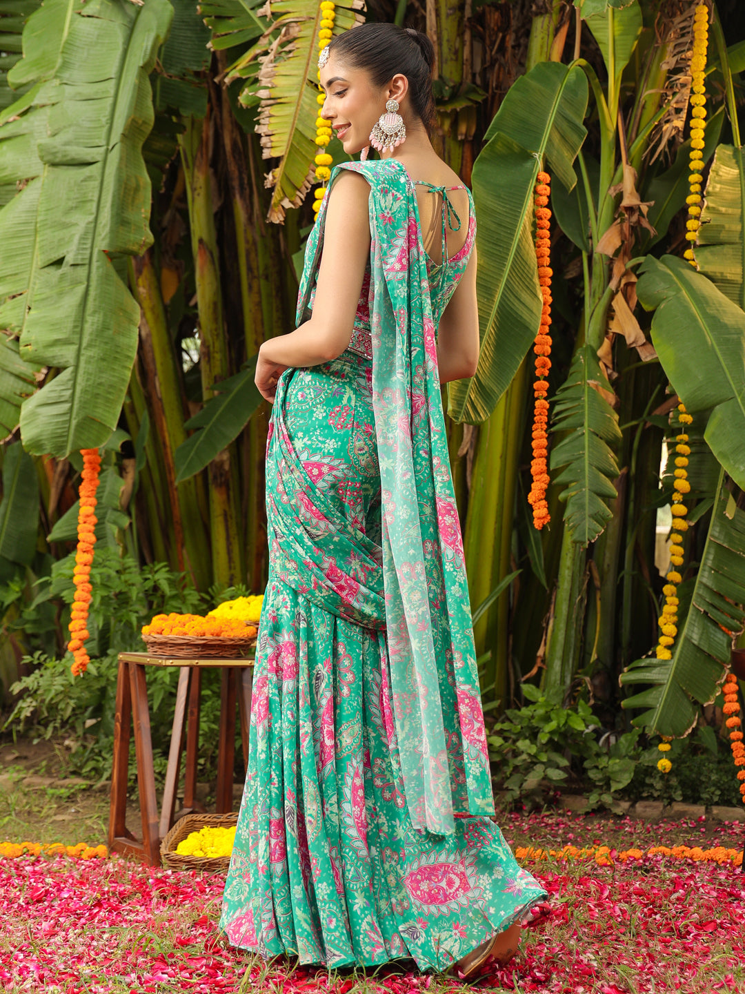 Green Georgette Floral Printed Ready To Wear Sharara Saree