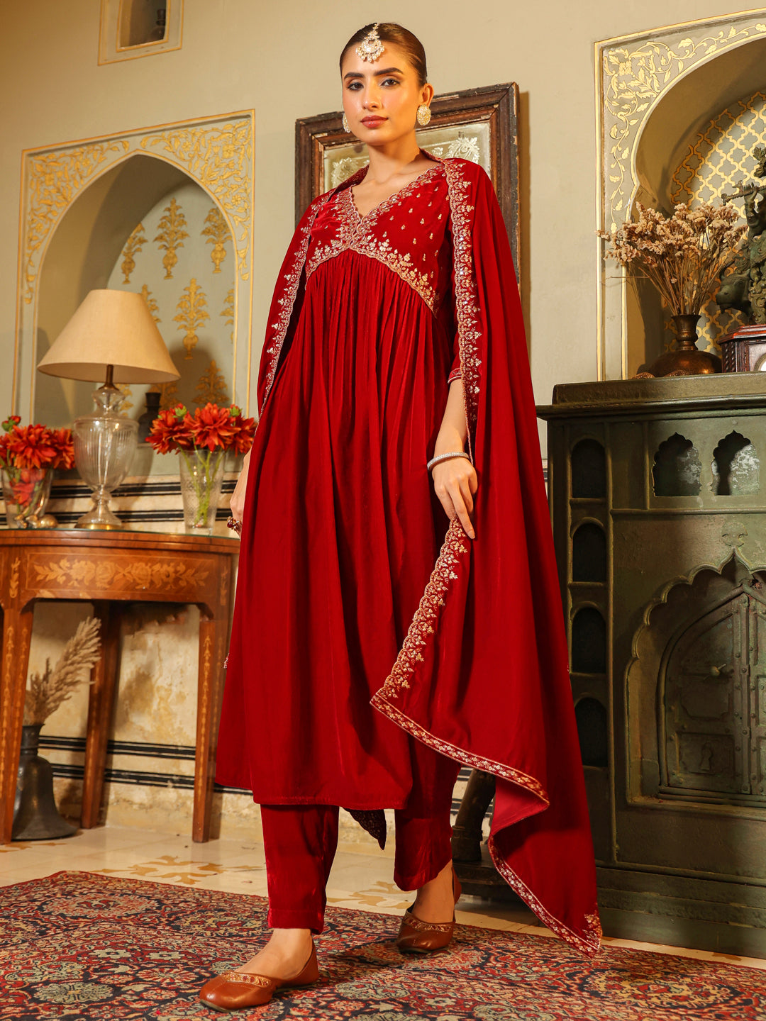 Red Velvet Zari Embroidered A-Line Kurta with Pant & Dupatta Set