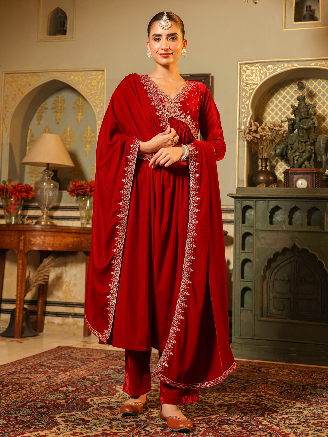 Red Velvet Zari Embroidered A-Line Kurta with Pant & Dupatta Set