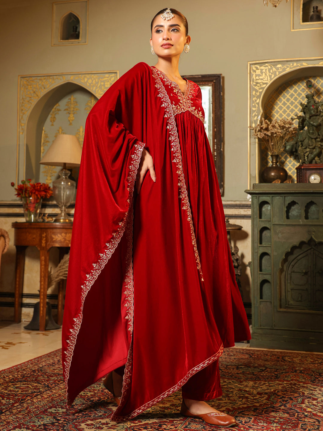 Red Velvet Zari Embroidered A-Line Kurta with Pant & Dupatta Set