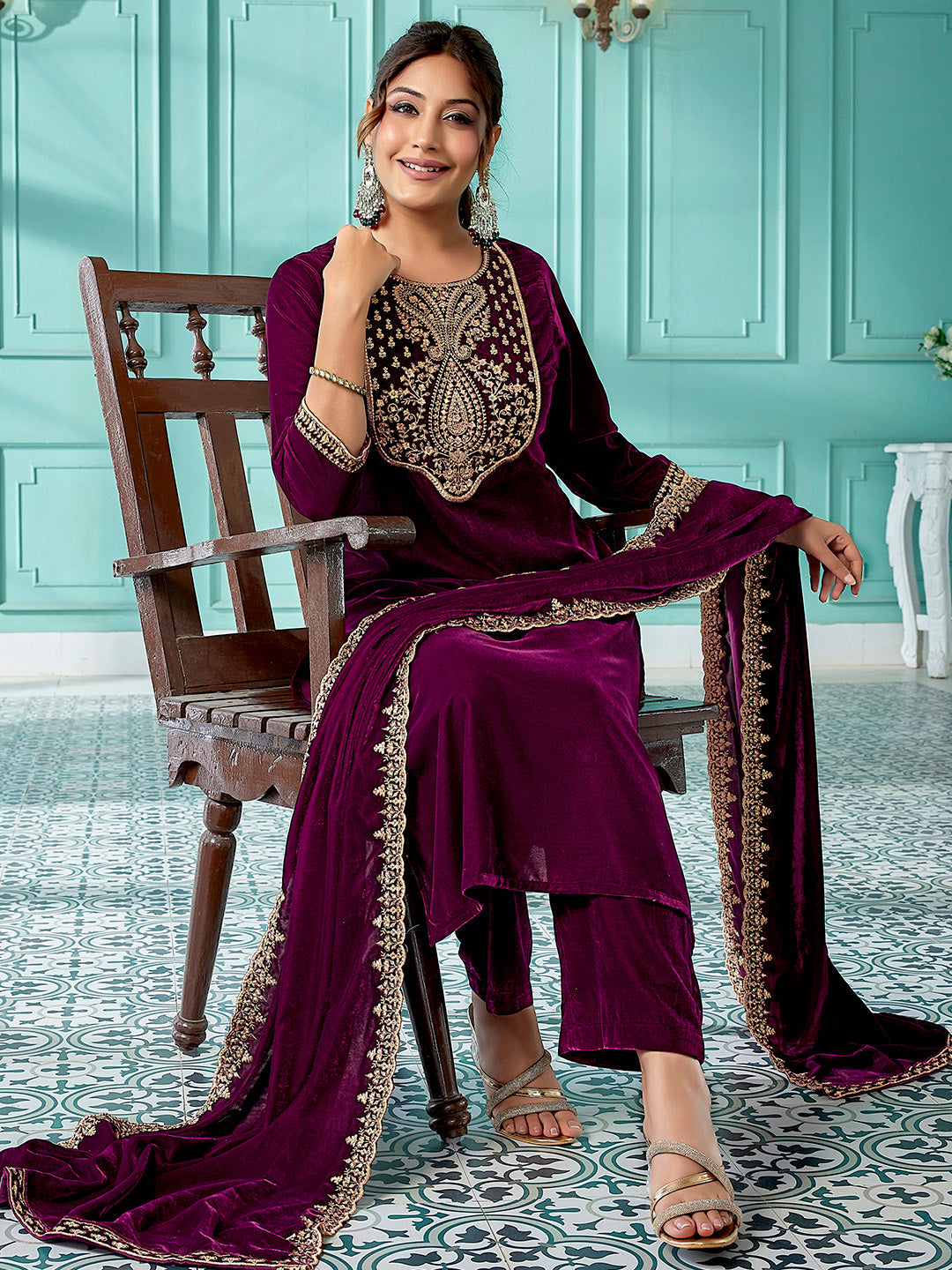 Wine Velvet Zari Embroidered Straight Kurta Set