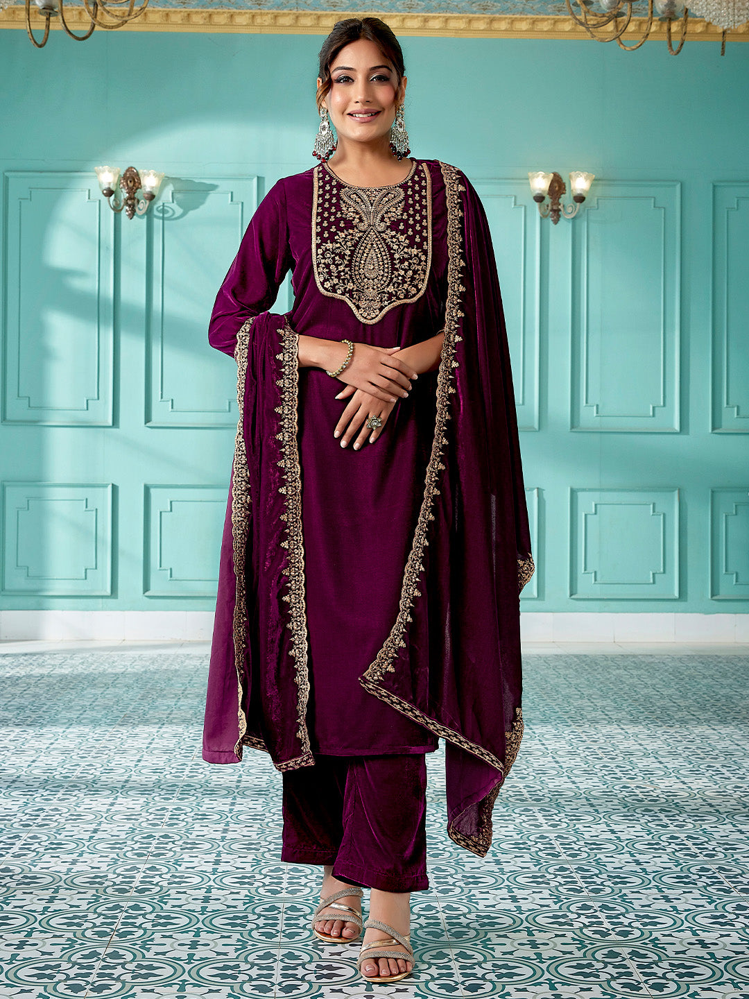 Wine Velvet Zari Embroidered Straight Kurta Set