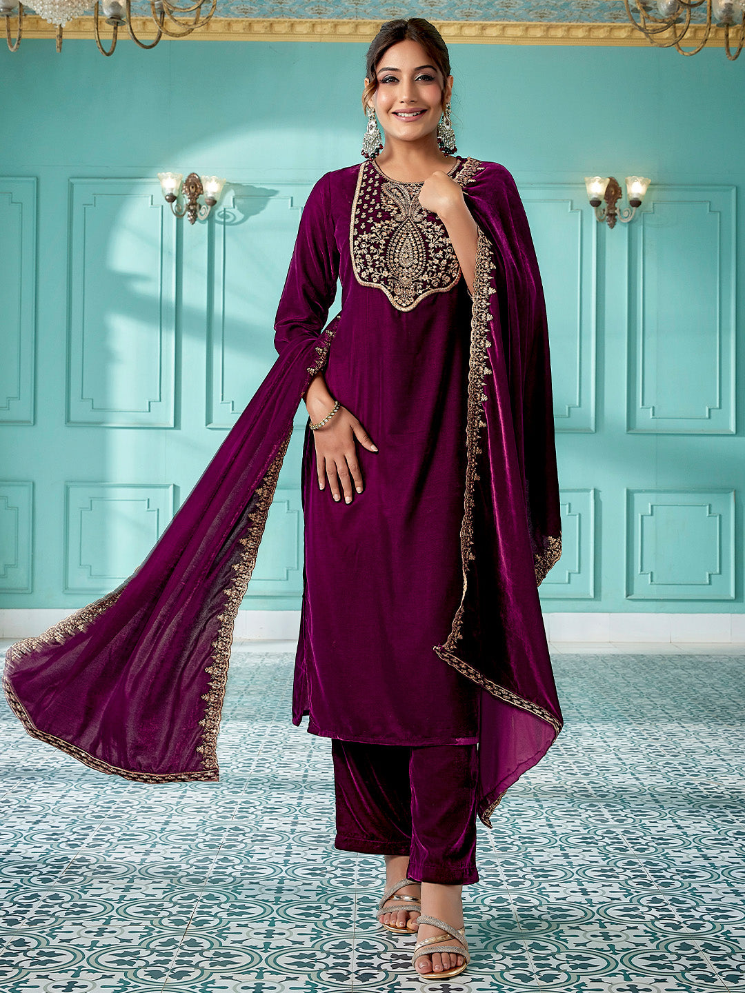 Wine Velvet Zari Embroidered Straight Kurta Set