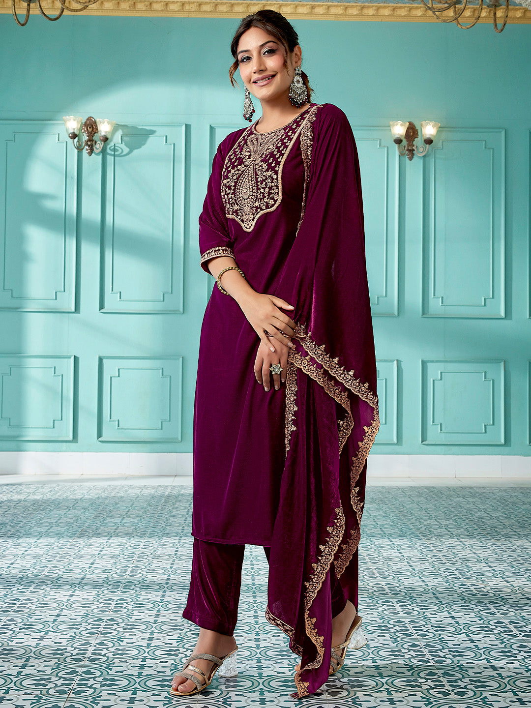 Wine Velvet Zari Embroidered Straight Kurta Set