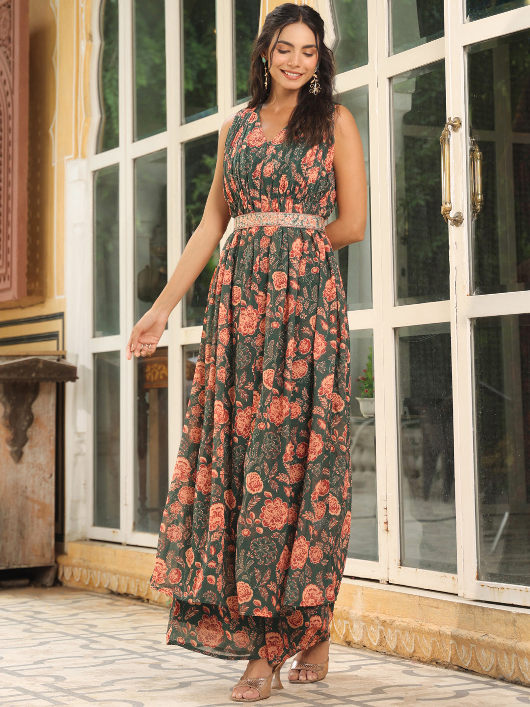 Green Georgette Floral Printed Front Slit A-Line Palazzo Set