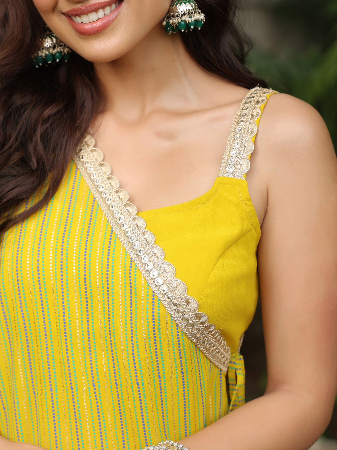 Yellow Embellished Top With Pant and Cape Set